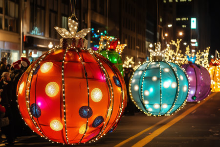A joyful holiday parade with festive floats covered in colorful lights and oversized paper ornaments, marching down a city street.の素材