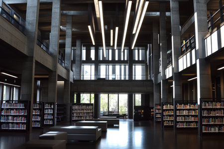 A brutalist library with enormous concrete bookshelves, long narrow windows allowing beams of light to pass through, and a minimalist, industrial aesthetic.の素材