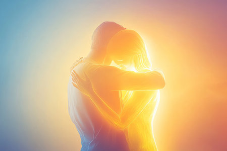 A tender illustration of a person gently comforting a friend, with soft, glowing light surrounding them, symbolizing the power of empathy and compassion in relationships.の素材