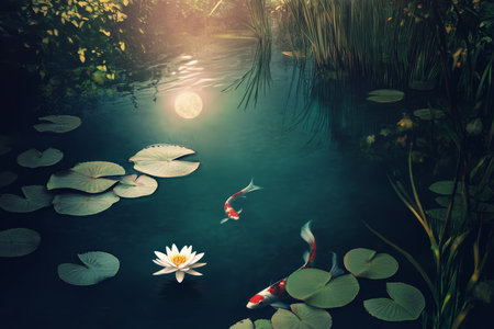 A peaceful and zen inspired digital painting of a koi pond with lily pads, reflecting the soft light of a full moon.の素材