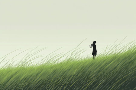 A minimalist and tranquil illustration of a person standing in a field of tall grass, the wind blowing gently, symbolizing quiet presence and mindfulness in nature.の素材
