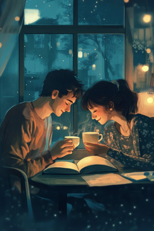 A heartwarming illustration of a couple sharing a cup of tea while reading a book, with soft lighting creating a peaceful and loving atmosphere.の素材
