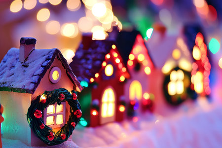 A bright, rainbow colored holiday village scene with glowing windows, festive wreaths, and colorful lights illuminating every house.の素材