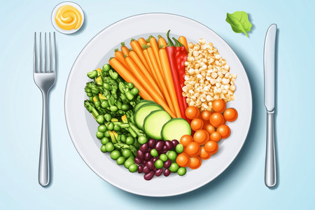 A detailed and aesthetic illustration of a well balanced meal, perfectly arranged on a plate, with colorful veggies, proteins, and grains, symbolizing mindful eating and proper nutrition.の素材