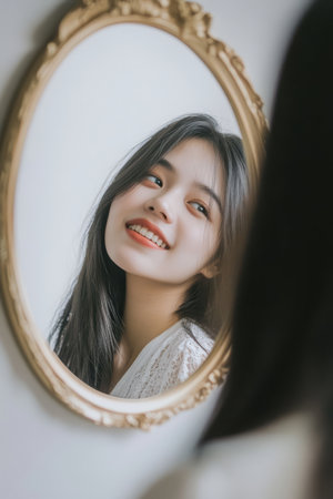 A woman looking at herself in a mirror with a smile, with words of affirmation appearing around her reflection.の素材