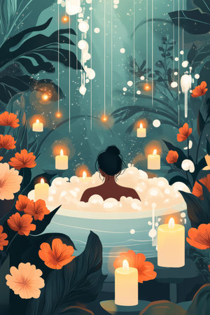 A peaceful and calming illustration of a person soaking in a bubble bath surrounded by glowing candles and flowers, symbolizing the importance of self care and relaxation.の素材