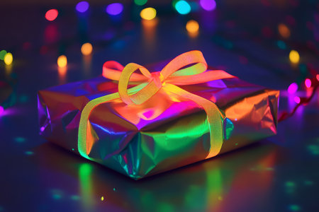 A Christmas gift wrapped in holographic rainbow paper, tied with a glowing neon ribbon.の素材