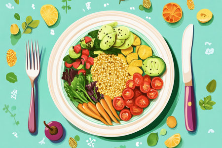 A detailed and aesthetic illustration of a well balanced meal, perfectly arranged on a plate, with colorful veggies, proteins, and grains, symbolizing mindful eating and proper nutrition.の素材