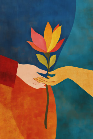 A heartfelt and symbolic illustration of a person offering a flower to another, representing the trust, care, and tenderness shared in strong relationships.の素材