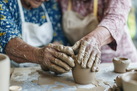 African American elderly couple taking a pottery class, their hands covered in clay as they craft beautiful, imperfect pieces together.の素材