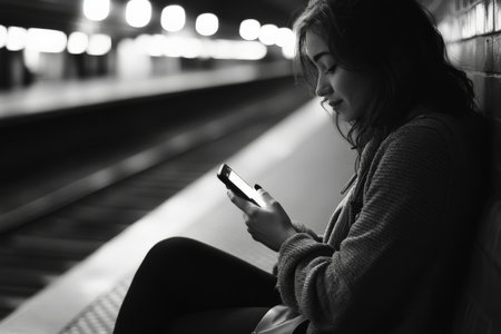 A woman sitting at a train station, typing a heartfelt text message to her partner, a soft smile on her face.の素材