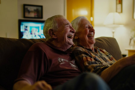 Caucasian elderly couple watching old home videos together on the couch, laughing and reminiscing about their life together, filled with nostalgia and love.の素材