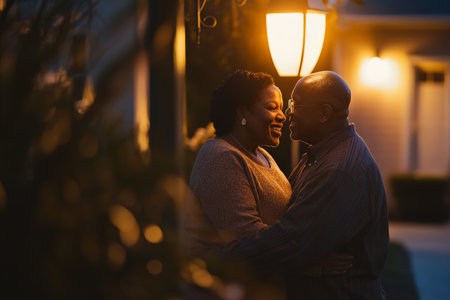 Black senior couple on a relaxing evening stroll through a quiet neighborhood, their faces lit up by the soft glow of street lamps as they share tender smiles.の素材