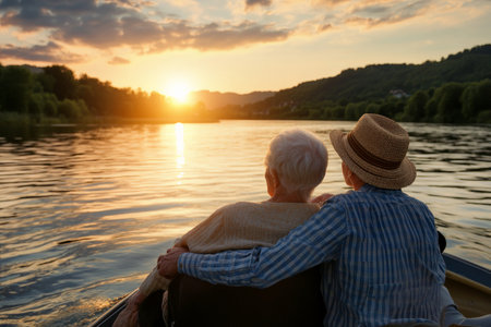 Caucasian elderly couple on a leisurely boat ride down a calm river, the sun setting behind the hills, their hands held tightly as they enjoy the peaceful moment.の素材