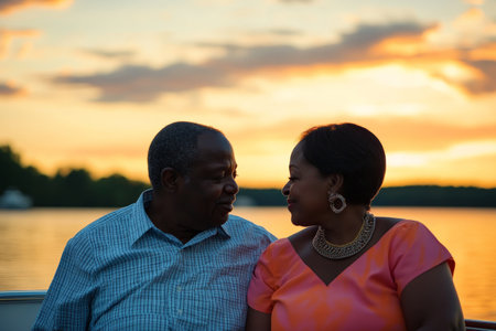 African American elderly couple on a romantic getaway, enjoying a sunset cruise on a calm lake, gazing into each other's eyes.の素材