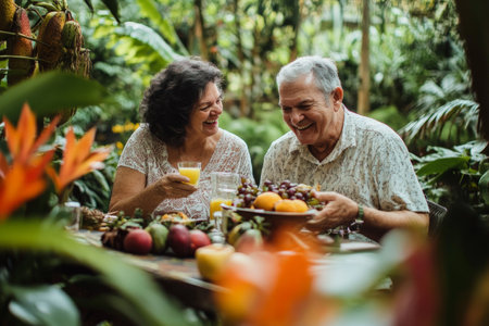 Brazilian couple having a picnic in a lush botanical garden, surrounded by exotic flowers, enjoying fresh tropical fruit and laughter.の素材
