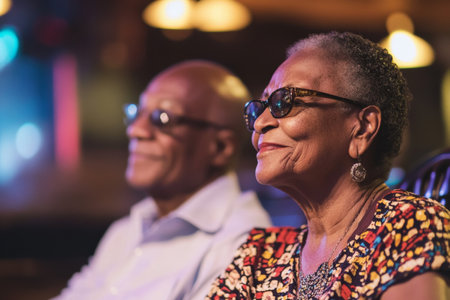Black senior couple sitting side by side at a jazz club, enjoying live music, nodding their heads in rhythm to the smooth melodies.の素材