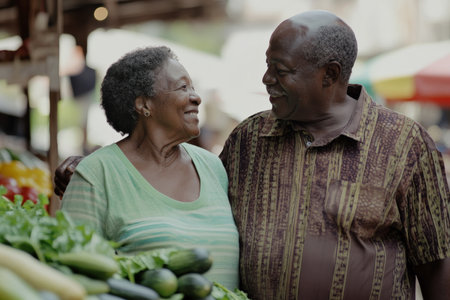 African American elderly couple walking through a local farmers market, picking out fresh produce, smiling at each other with a loving glance.の素材