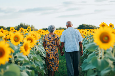 Black couple walking hand in hand through a sunflower field, stopping to take in the golden beauty of the tall blossoms.の素材