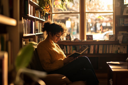 A woman sitting in a cozy bookstore, texting her boyfriend about a book she just found that reminds her of him.の素材