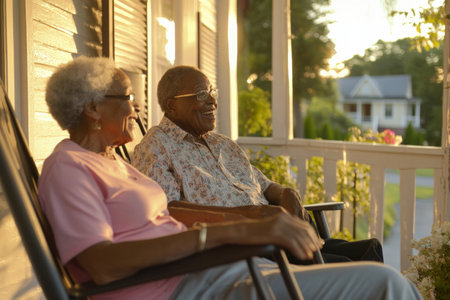 African American elderly couple sitting in rocking chairs on their porch, enjoying a warm summer evening, sharing old stories and laughter.の素材