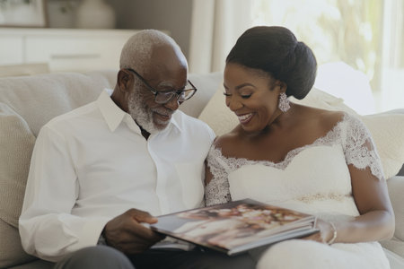 Black senior couple sitting on a cozy couch, flipping through their old wedding album, reminiscing about their beautiful journey together.の素材
