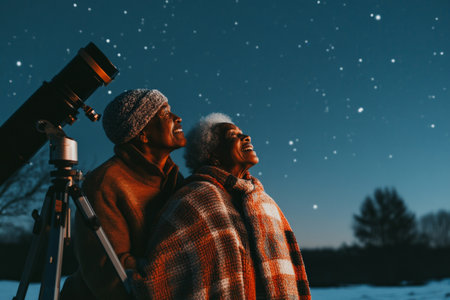 African American elderly couple looking through a telescope, watching the stars together on a quiet night, wrapped in a warm blanket.の素材