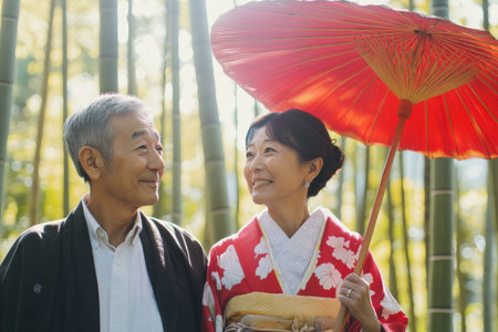 Japanese senior couple visiting a serene bamboo forest, walking quietly together, enjoying the tranquility and beauty of nature.の素材