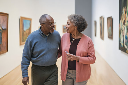 African American elderly couple walking hand in hand through an art gallery, discussing paintings, pointing out their favorite details.の素材