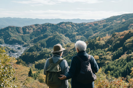 Japanese couple enjoying a scenic mountain hike together, stopping to admire the breathtaking views, hands held senior tightly, love in the air.の素材