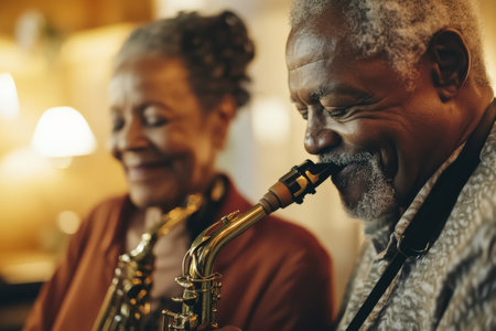African American elderly couple enjoying a jazz concert in a cozy lounge, swaying to the music, completely lost in the rhythm.の素材