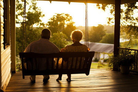 African American elderly couple sitting on a porch swing, enjoying a peaceful sunset, rocking gently as they hold hands.の素材