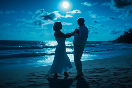Brazilian couple dancing barefoot on a sandy beach under the moonlight, senior enjoying the gentle ocean breeze and the sound of waves.の素材