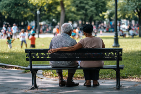 African American elderly couple relaxing on a park bench, watching children play, holding hands and sharing stories from their youth.の素材