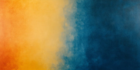 A non-seamless vibrant gradient background, with a smooth transition from sunshine yellow to chambray blue and burnt orange, creating a warm, modern aesthetic.の素材