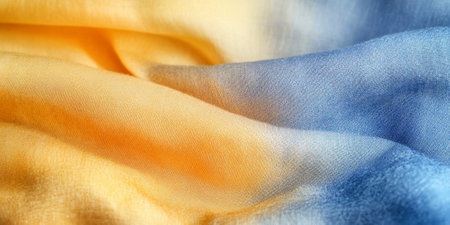 A non-seamless dynamic color gradient featuring bold chambray blue and sunshine yellow merging into soft pastel peach fuzz, creating a high-quality artistic blend.の素材