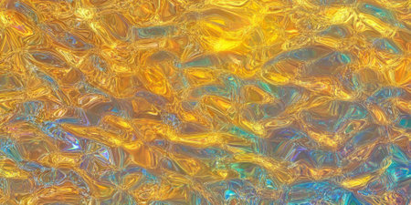 A seamless dynamic wavy iridescent texture, featuring gold, sunshine yellow, and burnt orange, resembling molten glass with reflective highlights.の素材