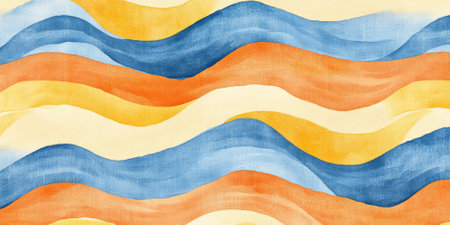 A non-seamless dynamic watercolor wave pattern with blended chambray blue, sunshine yellow, and burnt orange, creating a lively artistic expression.の素材
