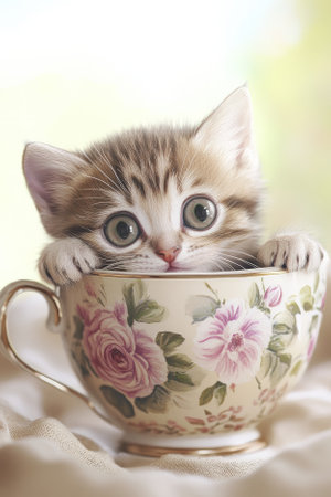 Illustration of a tiny kitten curled up inside a teacup, its big round eyes peeking over the rim. The delicate floral pattern on the cup adds charm to this heartwarming and cozy image, making it a perfect example of cuteness and warmth.の素材