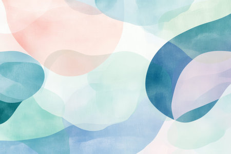 Illustration of a soft, abstract design featuring curved lines and circles in soothing tones of blue, pink, and green. The flowing shapes create a sense of calm, making it ideal for a modern home decor piece or fabric design.の素材