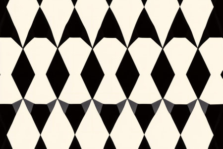 Illustration of a bold geometric harlequin pattern featuring alternating diamond shapes in striking black and white. The high contrast design creates a modern and eye catching aesthetic, perfect for stylish backgrounds and textiles.の素材