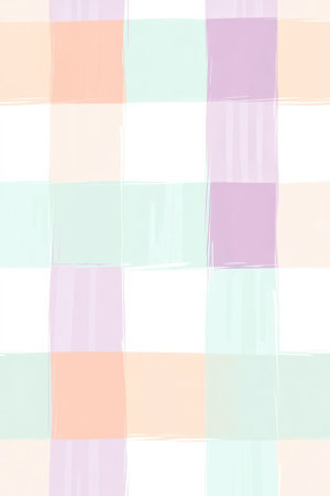 A classic gingham pattern with a twist, featuring large checks in soft pastel colors like mint, lavender, and peach. The timeless design has a fresh and modern feel, making it ideal for spring fashion.の素材