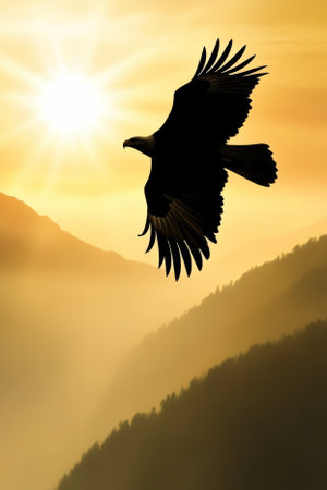 A majestic eagle soaring high above a misty mountain range, its wings spread wide as it glides effortlessly. The sun rises behind it, casting a dramatic silhouette against the golden hued sky.の素材