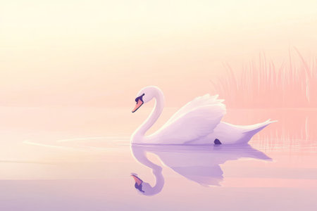Illustration of a graceful white swan gliding across a calm lake, its elegant reflection shimmering on the water surface. The soft pastel hues of the sunset create a dreamy, tranquil setting, emphasizing the bird beauty and poise.の素材