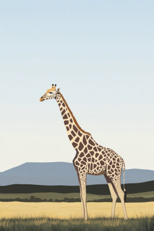 Illustration of a majestic giraffe grazing in a grassy plain with a distant mountain backdrop. The gentle, tall creature stands out against the clear, expansive sky, adding to the calm and peaceful atmosphere of the African landscape.の素材
