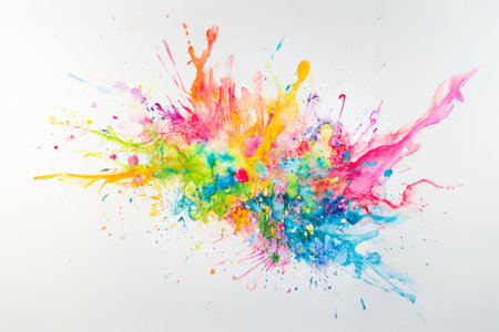 A dynamic explosion of watercolor splashes in bright neon hues, blending chaotically to create a visually striking abstract composition.の素材