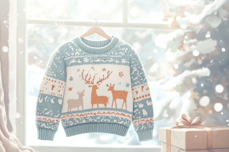 Illustration of a cozy winter outfit featuring a knitted sweater with a festive reindeer pattern. The soft colors of the sweater and the gentle warmth of the scene evoke a feeling of comfort and holiday spirit.の素材