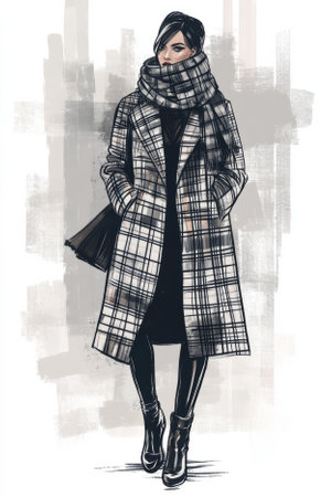 Illustration of a chic, city street fashion outfit featuring a long plaid coat, leather boots, and a scarf wrapped stylishly around the neck. The urban backdrop adds a touch of sophistication to this modern, stylish look.の素材