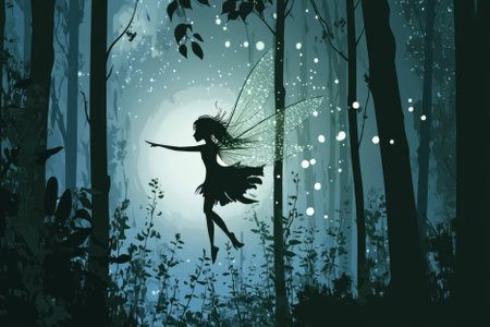Illustration of a fairy flying through an enchanted forest, her delicate wings sparkling in the moonlight. The forest glows with bioluminescent plants, creating a magical, otherworldly atmosphere.の素材
