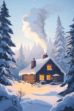 Illustration of a cozy winter cabin surrounded by snow covered trees, with smoke rising from the chimney. The warm light from the windows contrasts with the cold winter landscape, evoking feelings of comfort and nostalgia.の素材